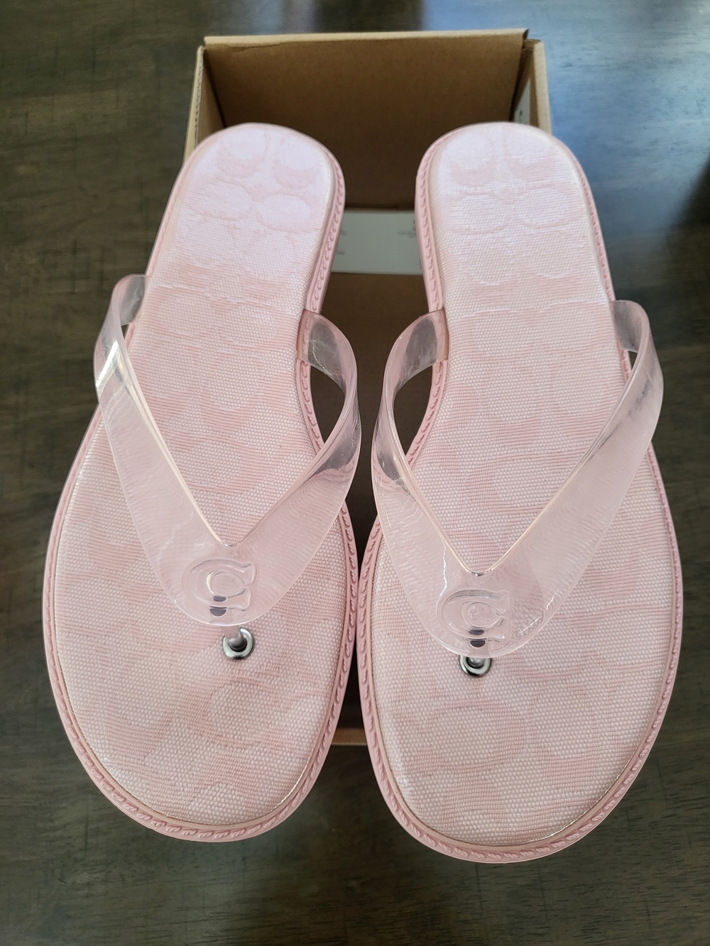 Coach Pale Pink Jelly Strap Flip Flops with Signature Pattern